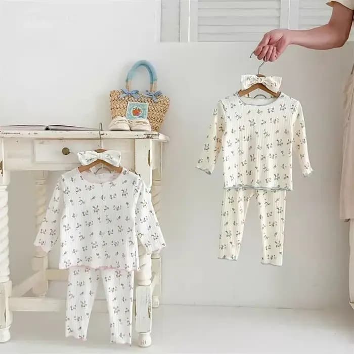  Nouveauté bébé filles imprimé fleuri coton pyjama ensemble à manches longues dentelle garniture deux pièces vêtements