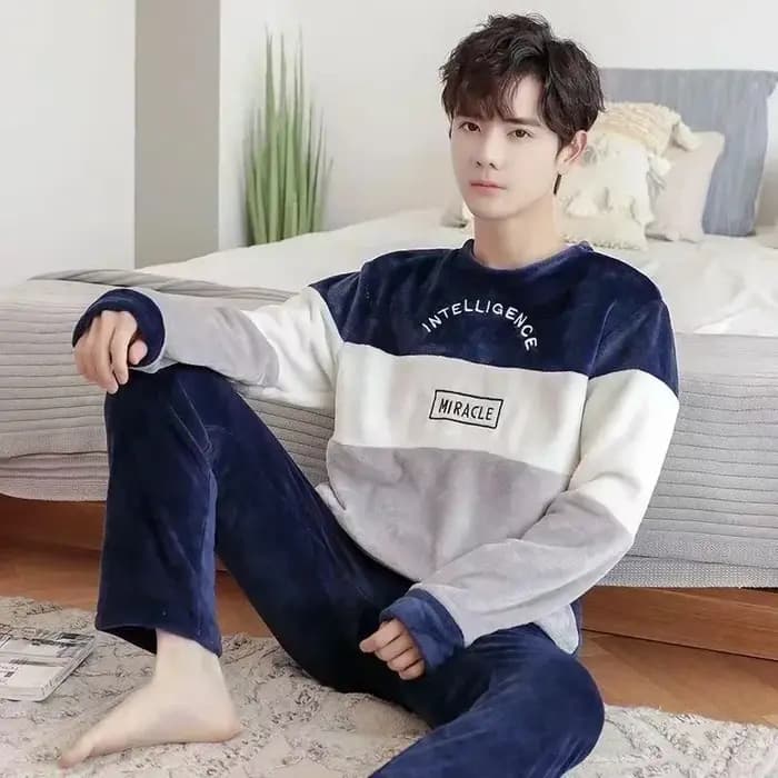 Hommes hiver chaud flanelle pyjama ensembles à manches longues épais Homewear
