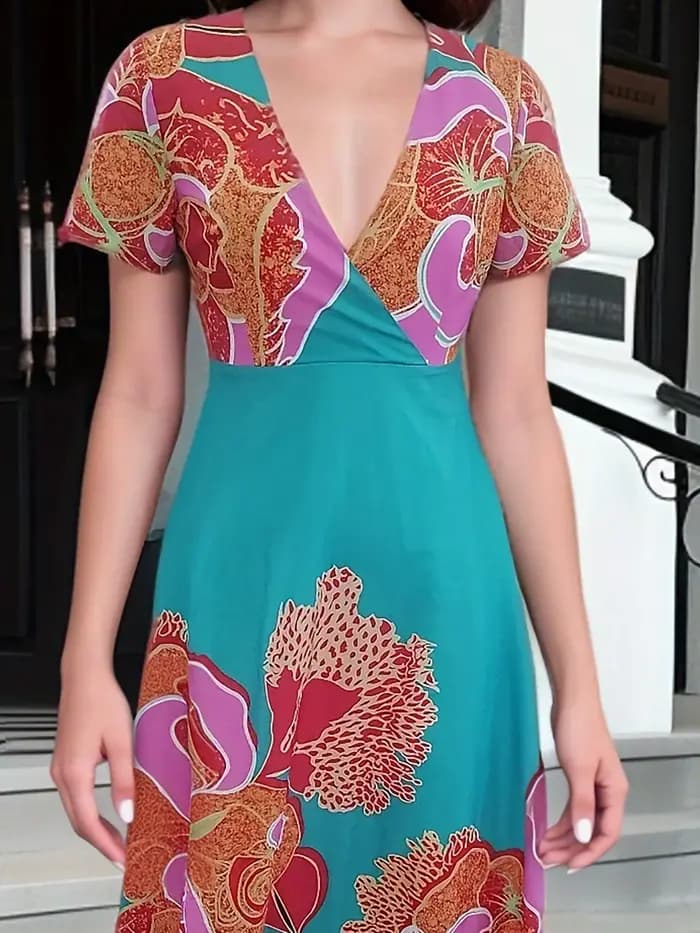 Robe florale à manches courtes et col en V, conçue spécifiquement pour les femmes, parfaite pour les vêtements de printemps et d'été