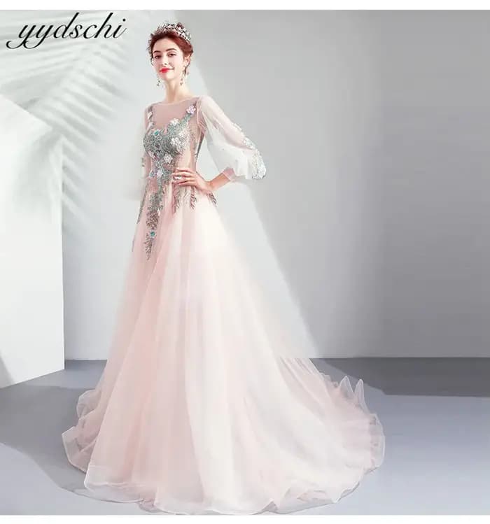 Robes de bal élégantes à manches trois-quarts 2026 en tulle, col rond, appliques, robe de bal à lace