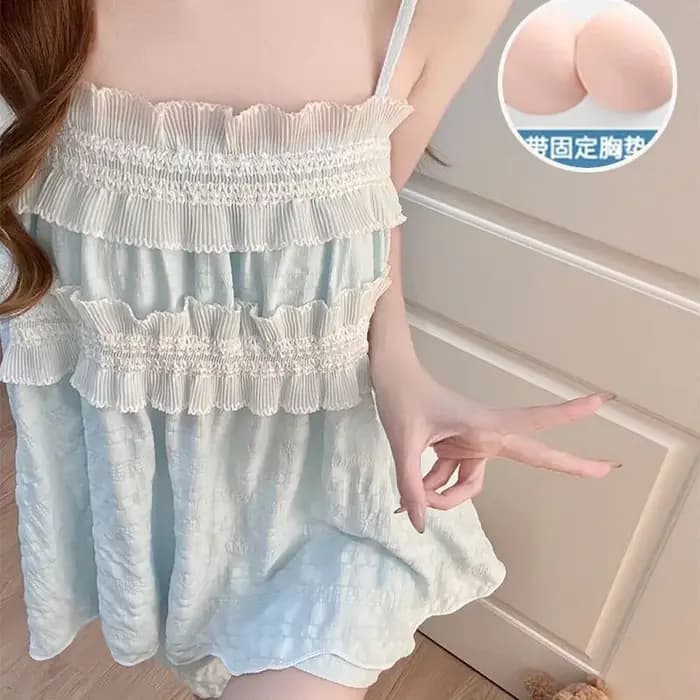 Ensemble de pyjama d'été style princesse pour femme avec coussinet de poitrine, short à bretelles, vêtements d'intérieur coréens, tenue décontractée ample à volants pour filles