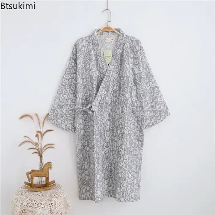 Peignoir Kimono Homme 2026 en Coton Double Gaze Rayé 100%