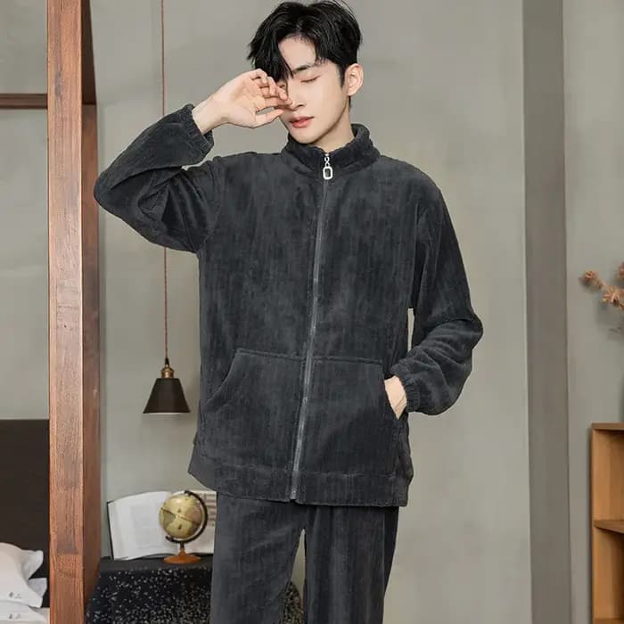Peut porter des pyjamas hommes automne hiver flanelle épais col montant fermeture éclair corail velours