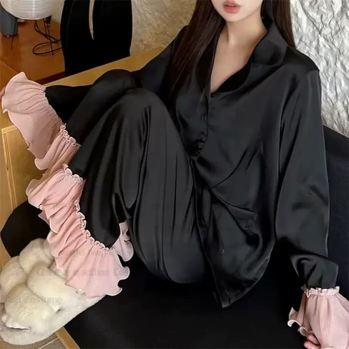 Nouveau rose Style princesse haut pantalon 2 pièces pyjama costume manches évasées vêtements de nuit femmes rayonne