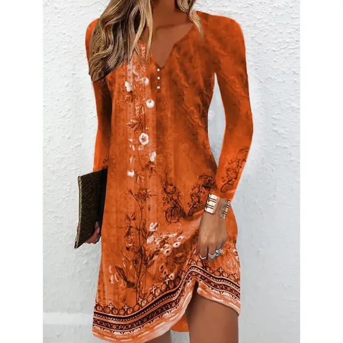 Robe tunique à imprimé floral à manches longues et col en V avec détail boutonné