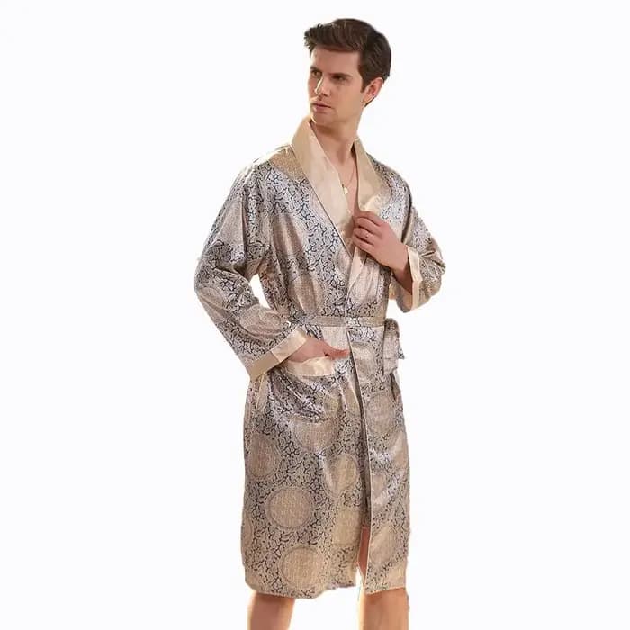 Grande taille 3XL 4XL 5XL Robe hommes été unique chemise de nuit bleu marine Satin peignoir Kimono Robe à manches longues maison Robe de chambre
