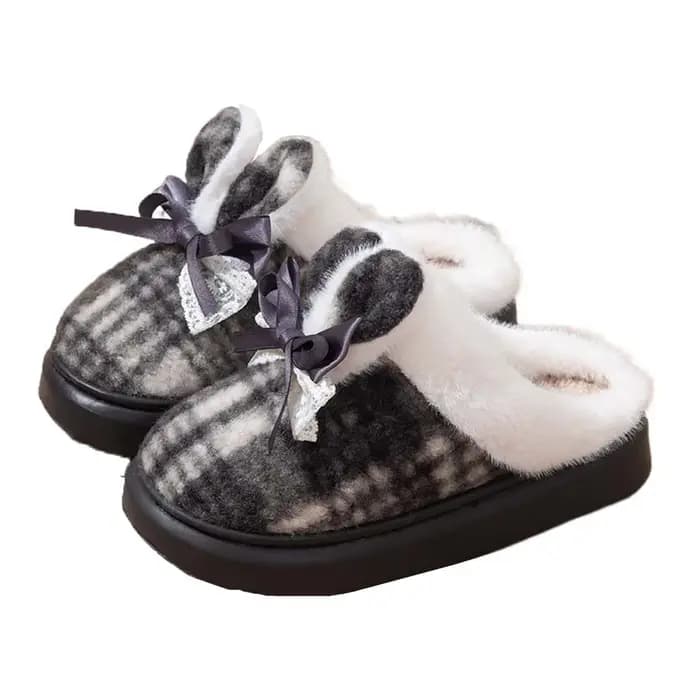 Pantoufles en coton à carreaux doux avec oreilles de lapin