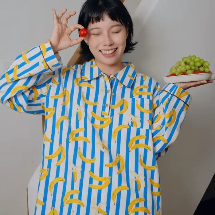 Rayé banane pyjama ensemble femmes mignon dessin animé fruits vêtements de nuit 100% coton à manches longues