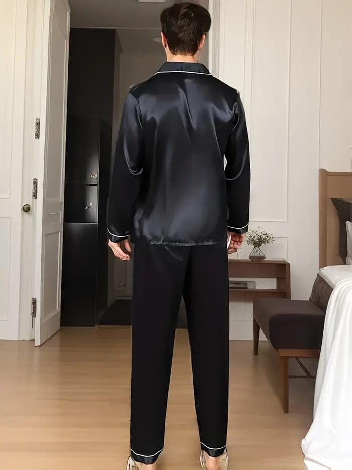 Nouveaux hommes pyjama ensembles vêtements de nuit pour homme chemise soie à manches longues