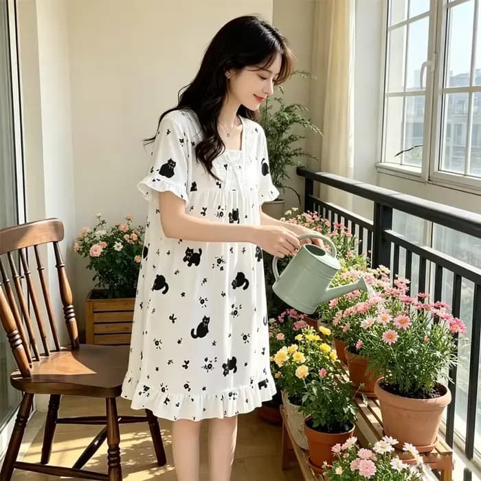 Chemise de nuit pour femme à manches courtes, motif dessin animé, style décontracté et doux, en soie de lait