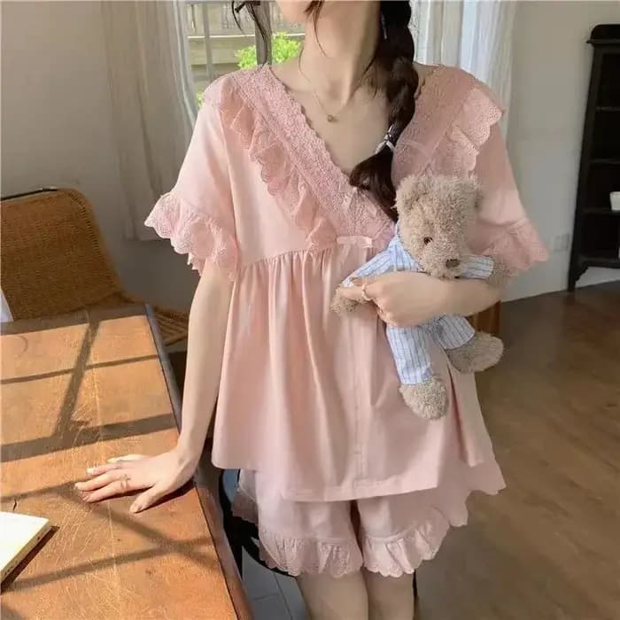 M-5XL pyjama ensembles femmes princesse adt maison à manches courtes doux volants style coréen solid