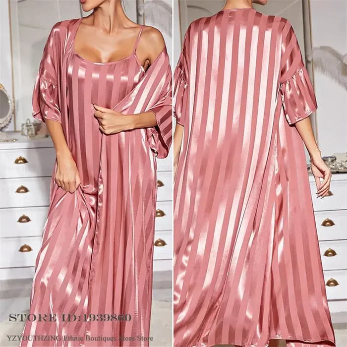 Élégant femme longue Robe chemise de nuit ensemble vêtements de détente rose rayure soie Satin Kimono peignoir