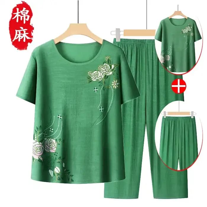 Ensemble de pyjama en coton et lin à imprimé floral pour femmes matures