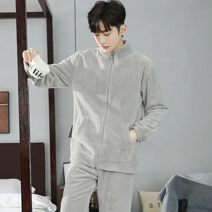 Peut porter des pyjamas hommes automne hiver flanelle épais col montant fermeture éclair corail velo