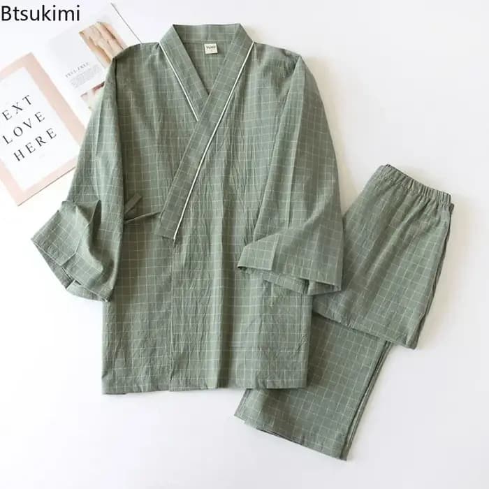 Ensemble pyjama Kimono japonais pour hommes, confortable, 100% coton, à carreaux, ample, pour la maison, peignoirs, pantalons longs, deux pièces, 2026