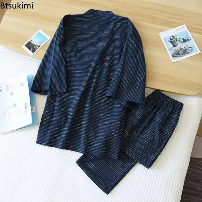 Pyjama Kimono Homme Manches Longues Pantalon Japonais Nouvelle Collection Été Ample Simple Coton Rayé Ensemble de Nuit Respirant