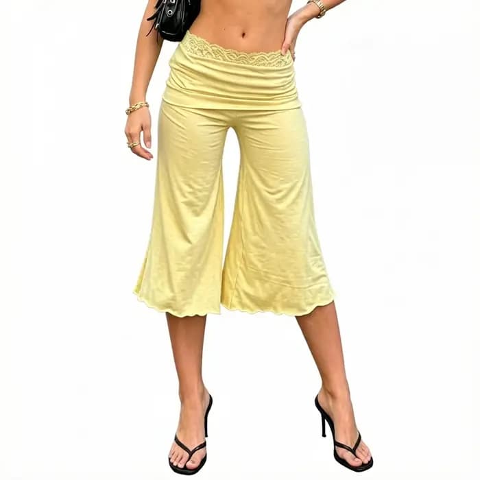 Pantalon Capri Évasé Femme Vintage avec Dentelle