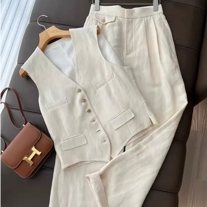 Nouvel ensemble chic 2 pièces pour femme en lin et coton, gilet et pantalon, idéal pour le bureau, t