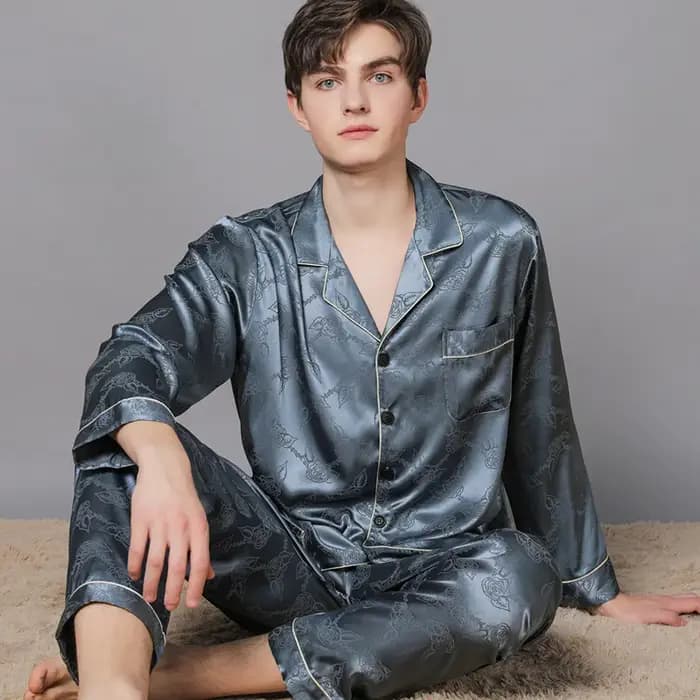 Grande taille 3XL 4XL hommes vêtements de nuit Pyjamas ensemble soyeux Satin Jacquard 2 pièces chemise et pantalon Pijamas costume printemps automne Homewear Pyjama