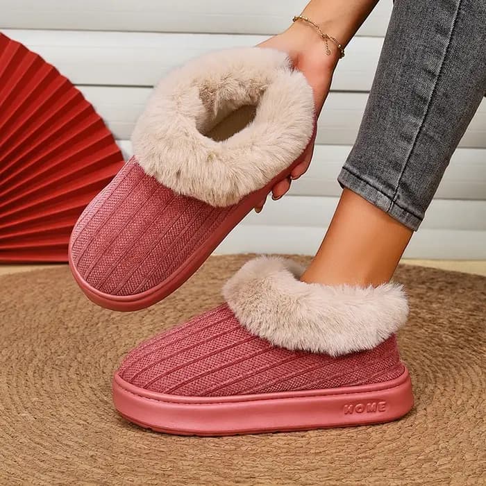 Chaussons en tricot moelleux pour femmes, chaussures d'hiver fermées à l'arrière, bottes d'intérieur en peluche à col duveteux pour femmes, semelle épaisse antidérapante.