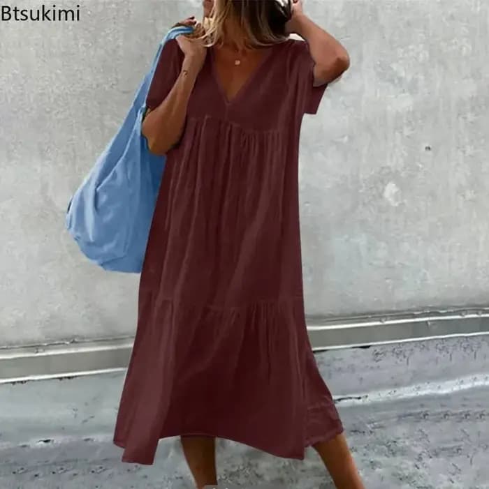 Nouvelles robes midi en coton et lin pour femmes