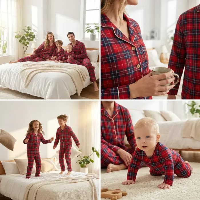 Ensemble pyjama familial joyeux Noël, imprimé à carreaux, tenues assorties pour adultes et enfants, chemise à col rabattu à boutons + pantalon, ensemble 2 pièces