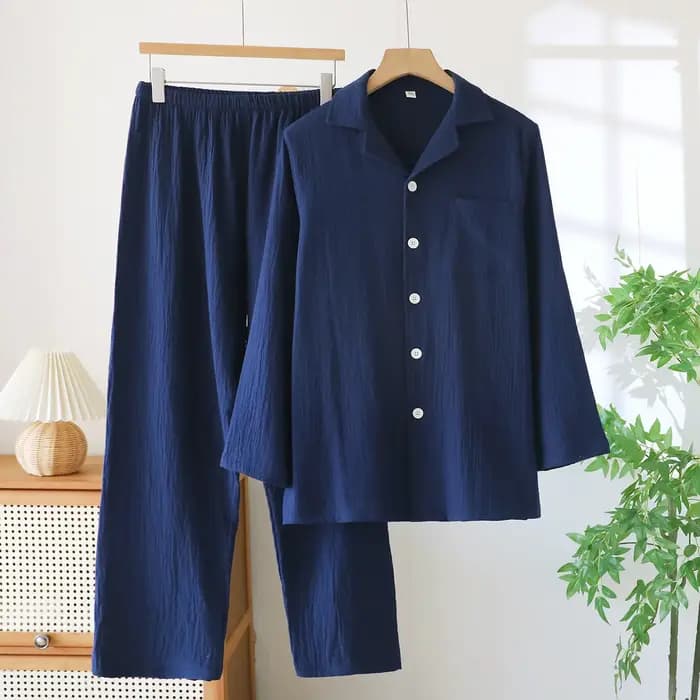 Pyjama fin à manches longues pour hommes, grande taille, vêtements de détente en gaze de coton pur, costume à revers, couleur unie, vêtements de nuit amples, printemps et automne