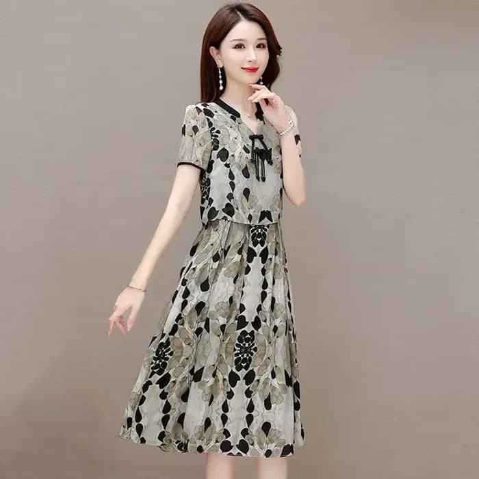 Robe midi élégante à imprimé perlé et boutonnée, effet deux pièces, pour femme, nouvelle collection été, ample, polyvalente, en mousseline, style vintage