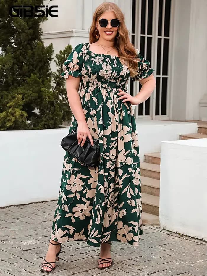 GIBSIE-Robe longue à manches bouffantes et col carré pour femme, maxi, imprimé floral, style bohème,