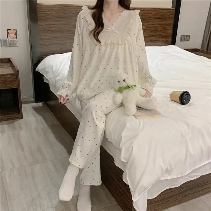 Ensemble de pyjama pour femmes à pois colorés printemps-automne, ensemble de pyjama décontracté simple 2 pièces, pyjama à col en V, vêtements de nuit doux, vêtements de maison PJS