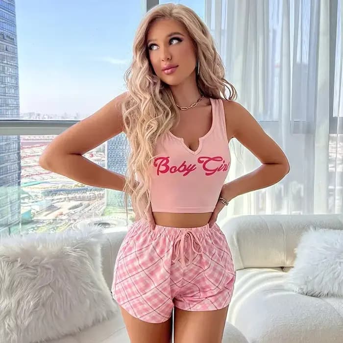 Ensemble de pyjama sexy pour femme, vêtements de nuit, lingerie décontractée, caraco imprimé, short à carreaux, nuisette, vêtements de détente
