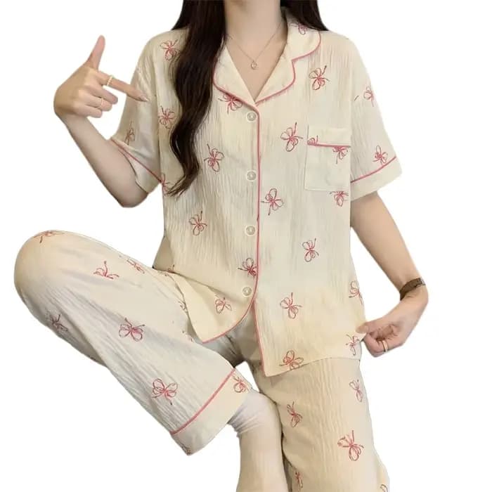 Pyjama doux à nœuds de style français pour femme : ensemble d'été à manches courtes et pantalon long avec imprimé nuage