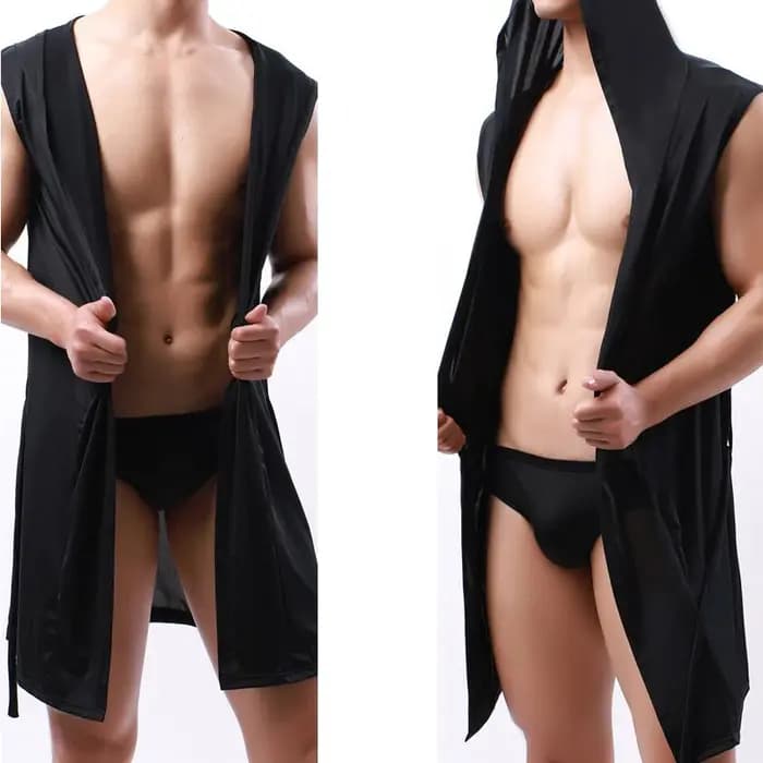 Hommes peignoir à capuche maille soie voir à travers sans manches serviette longue Robe de bain sweats
