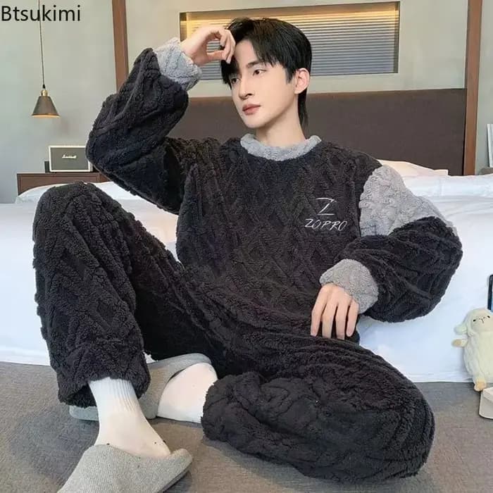 Pyjamas pour hommes en flanelle épaisse de haute qualité automne et hiver vêtements de nuit chauds vêtements de maison décontracté ample couleur unie vêtements de nuit rayés