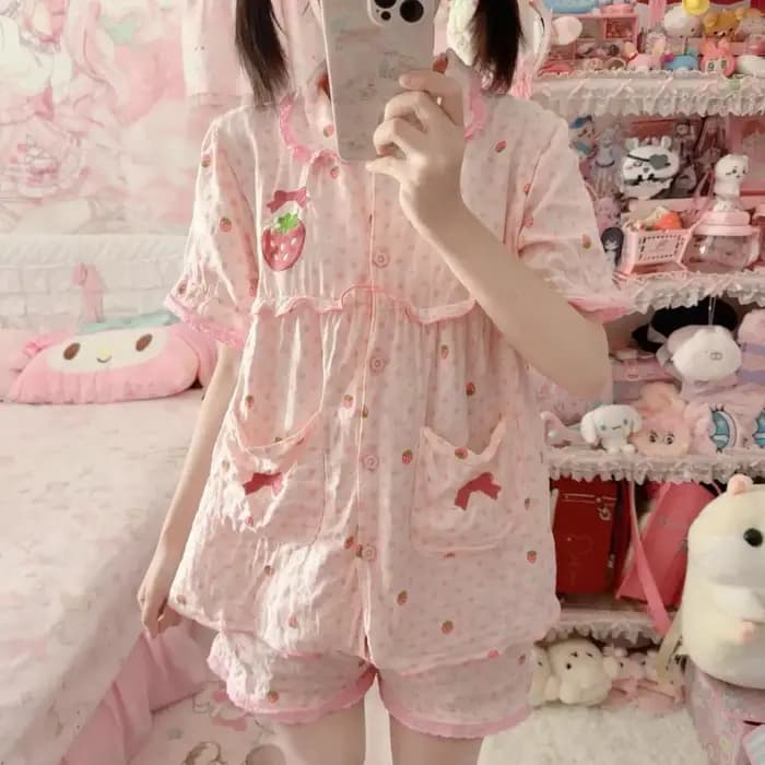 Gagaich – pyjama brodé de fraises pour femmes, Look d'été, Slim, col pour bébé, Cardigan, vêtements de maison, ensemble de sortie pour étudiants