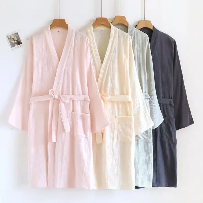 2026 nouveau printemps et automne Couple Robe de nuit 100% coton crêpe peignoir grande couleur unie maison