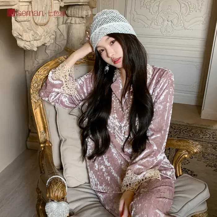 Pyjama en velours pour femme, classique, de luxe, épais, chaud, manches longues, pantalon, ensemble 2 pièces, vêtements de maison, chemise de nuit, automne hiver 2025