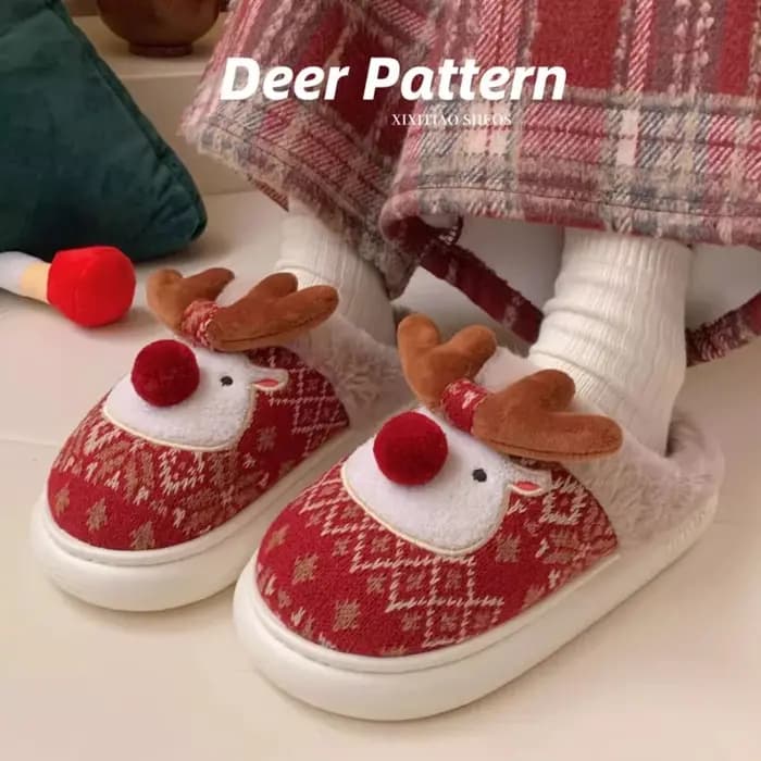 Pantoufles chaudes et moelleuses en forme de cerf de noël pour femmes