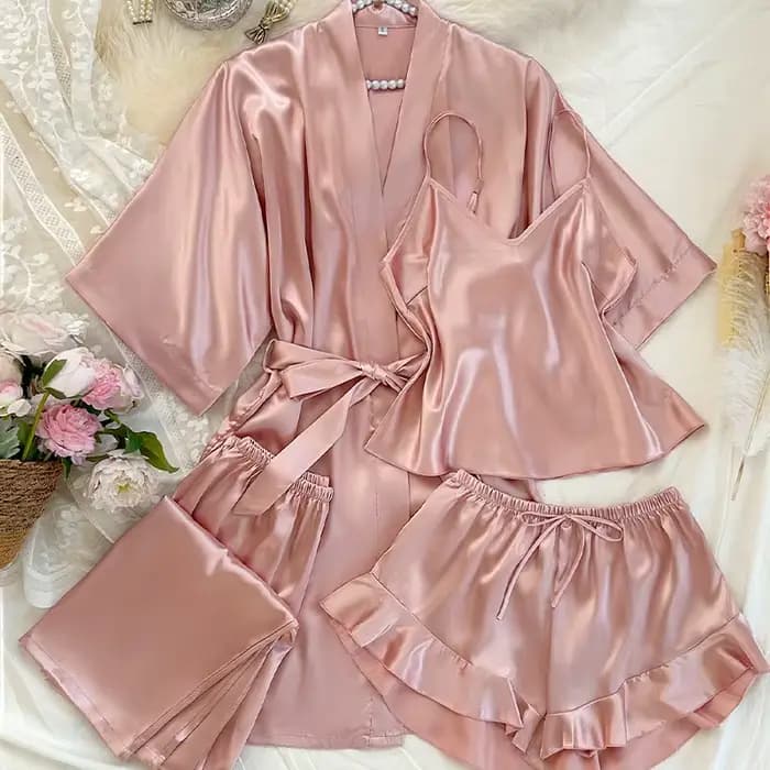 Printemps été 4 pièces ensemble de pyjamas femme pyjama vêtements de nuit Sexy peignoir fronde Shorts pantalon ample