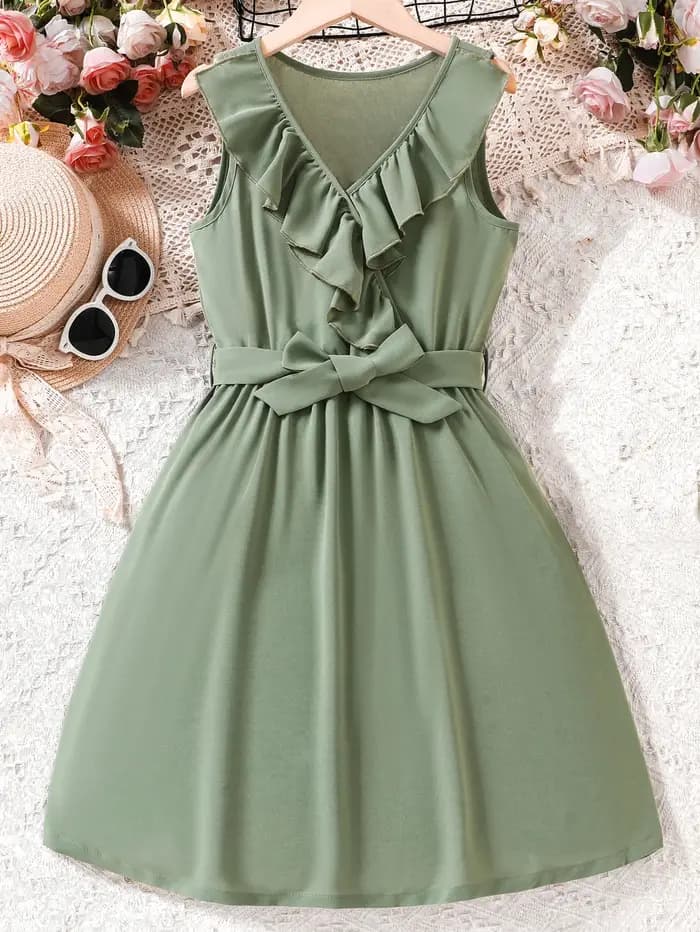 Robe vert frais pour filles - col en V à volants et ceinture