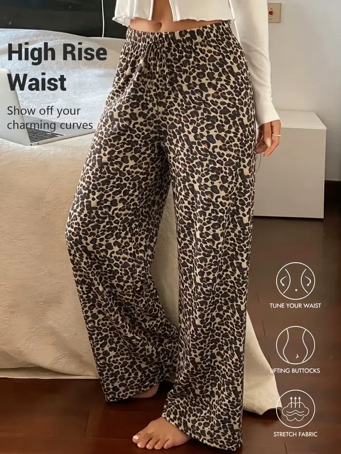 Pantalon de pyjama pour femme motif léopard brun en tricot doux avec taille élastique et élasthanne pour confort maison printemps