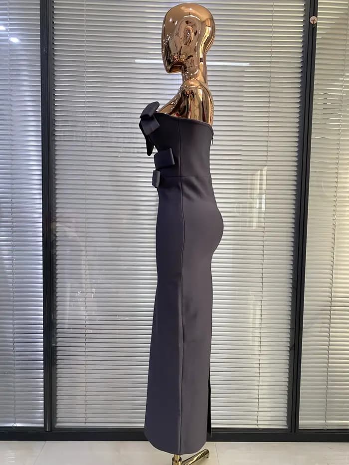 Robes Bandage 2026 Femme Gris Bustier Nœud Papillon Moulante Longue Robe de Soirée Célébrité Club Cocktail Bal de Promo