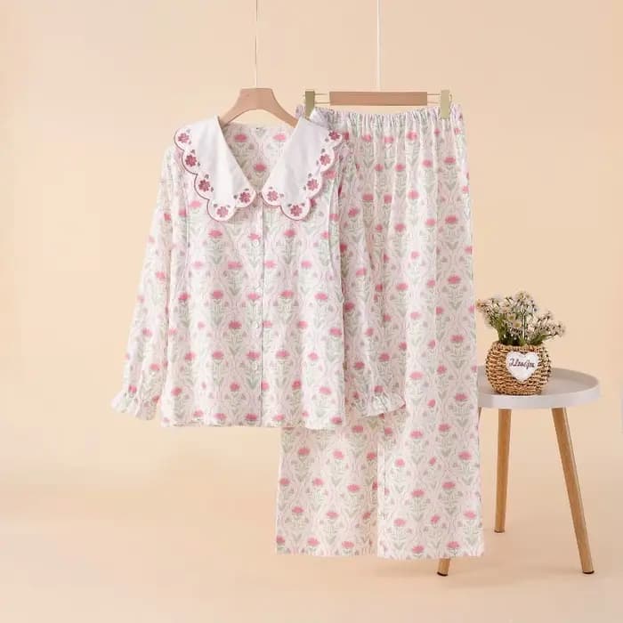 Pyjama femme en gaze double couche pur coton beige style pastoral motif floral pour grossesse allaitement et automne
