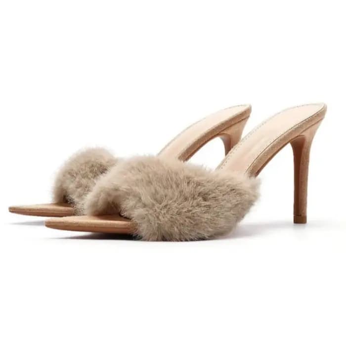 Sexy imprimé léopard moelleux en peluche pantoufles à talons femmes bout pointu dos nu élégant glisser sandales dames
