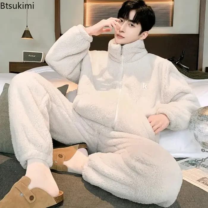 Pyjama en flanelle épais et chaud pour homme, col haut, grande taille, ample, en peluche, vêtements de détente, peut être porté à l'extérieur, en molleton de corail, nouvelle collection automne et hiv