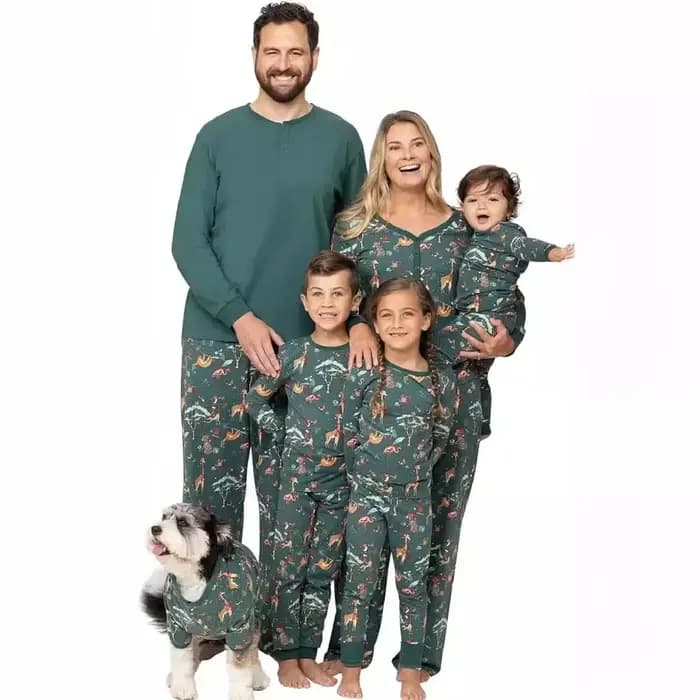 Ensemble pyjama de noël pour famille, Costume du nouvel an, imprimé vert, 2 pièces, vêtements de mai