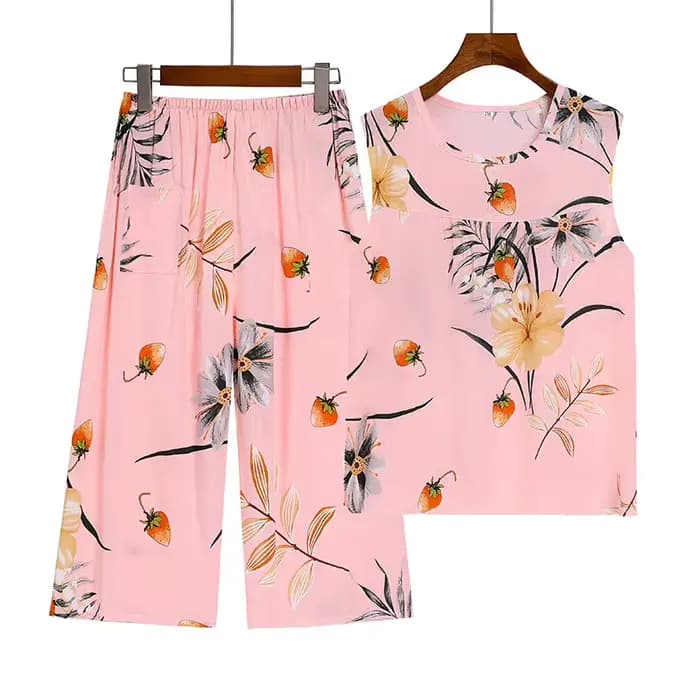 4XL Pyjama Pour Femme Nouveau Imprimé D'âge Moyen Mère Deux Pièces Ensemble FiglaCapri Pantalon Trempé Vêtements De