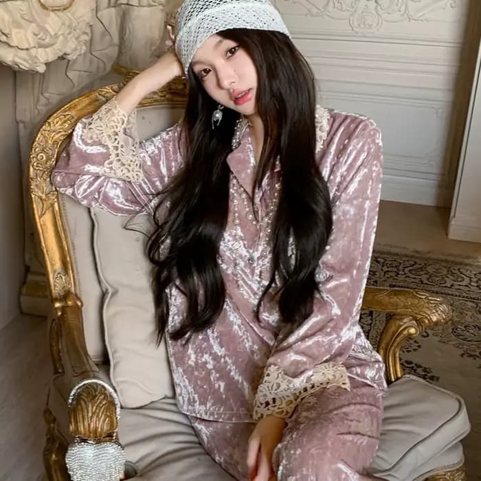 Pyjama en velours pour femme, classique, de luxe, épais, chaud, manches longues, pantalon, ensemble 2 pièces, vêtements de maison, chemise de nuit, automne hiver 2025