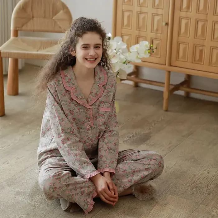 Cottagecore ensemble pyjama à fleurs pour femmes Vintage garniture à volants 100% coton doux à manches longues vêtements de nuit romantique douce princesse