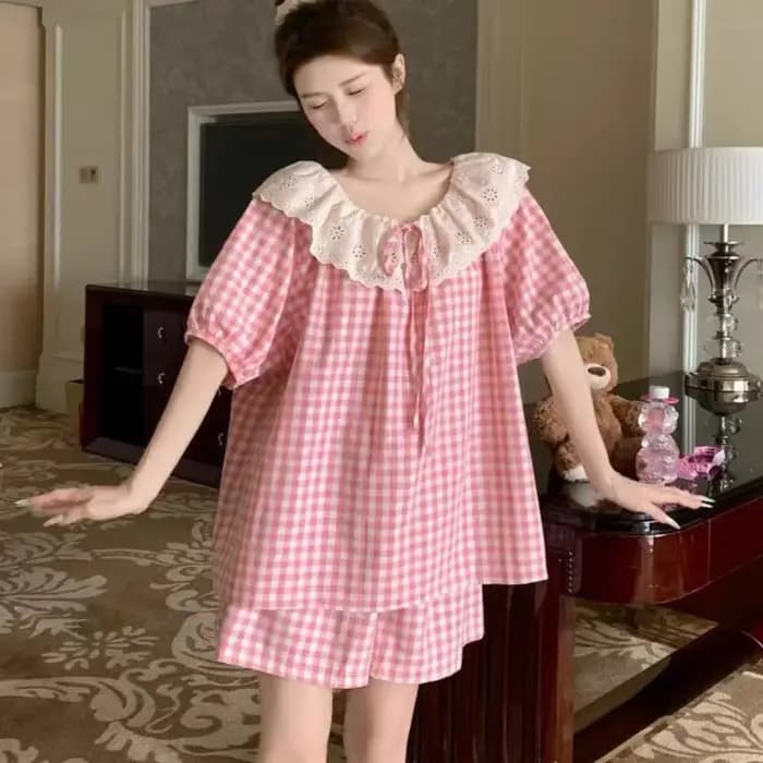 Ensemble pyjama en dentelle à volants et motif quadrillé, col rond, short ample, caraco, vêtements d